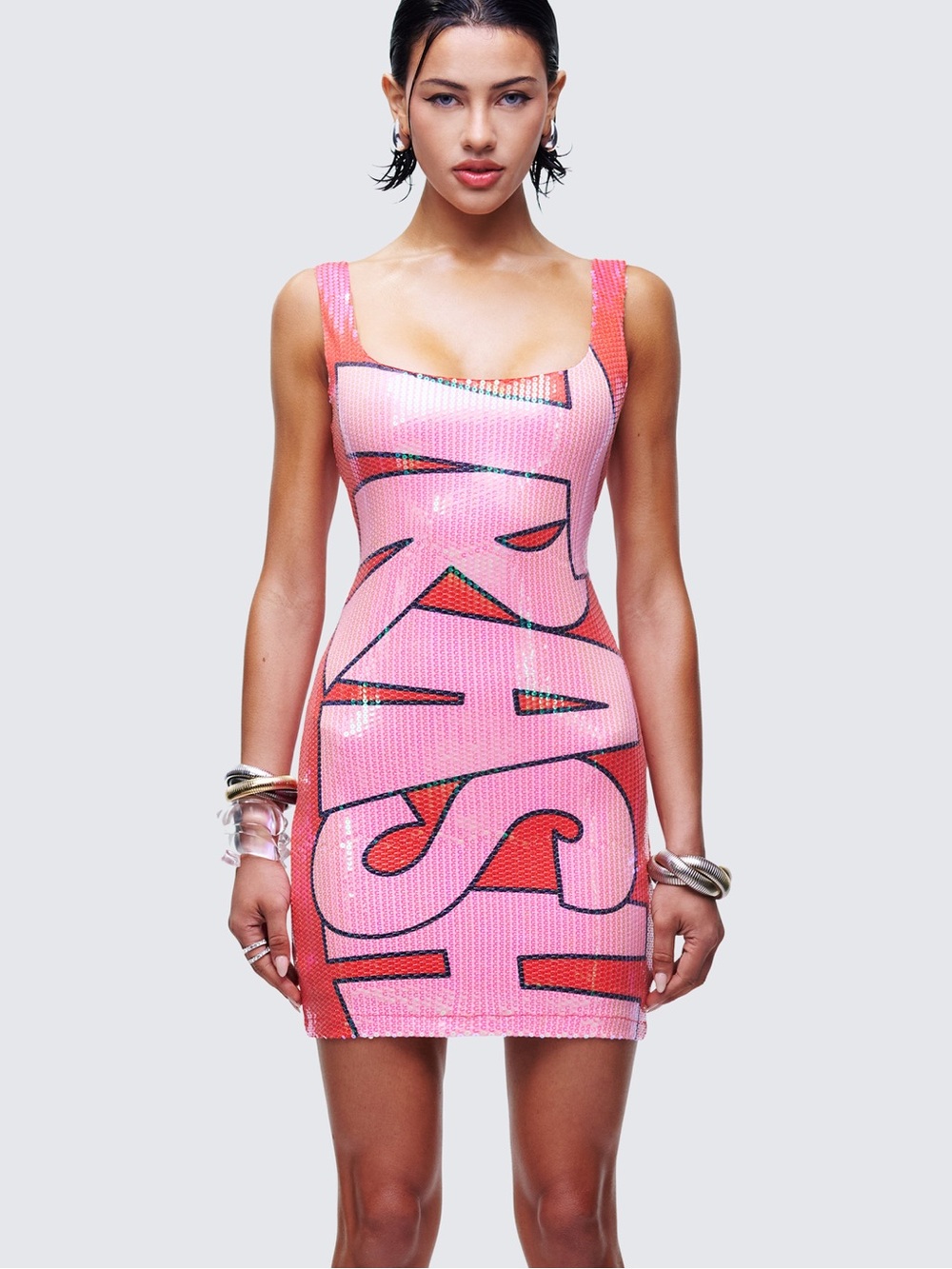 Finesse Pink Sequin Graphic Bodycon Mini Dress